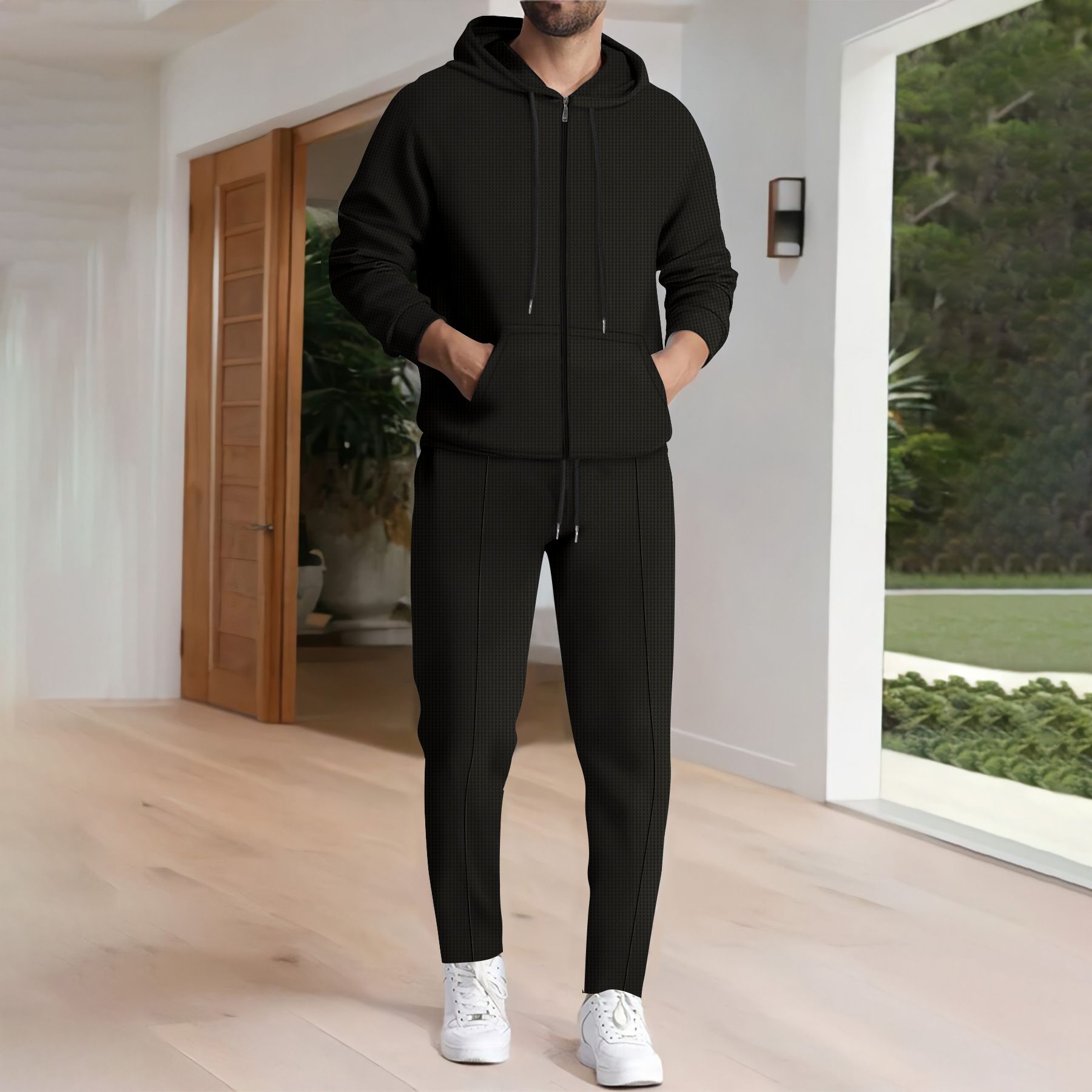 New men's two-piece solid color long sleeve zipper hooded pocket cardigan coat casual trousers sports suit is suitable for daily leisure commuting outdoor sports wear.