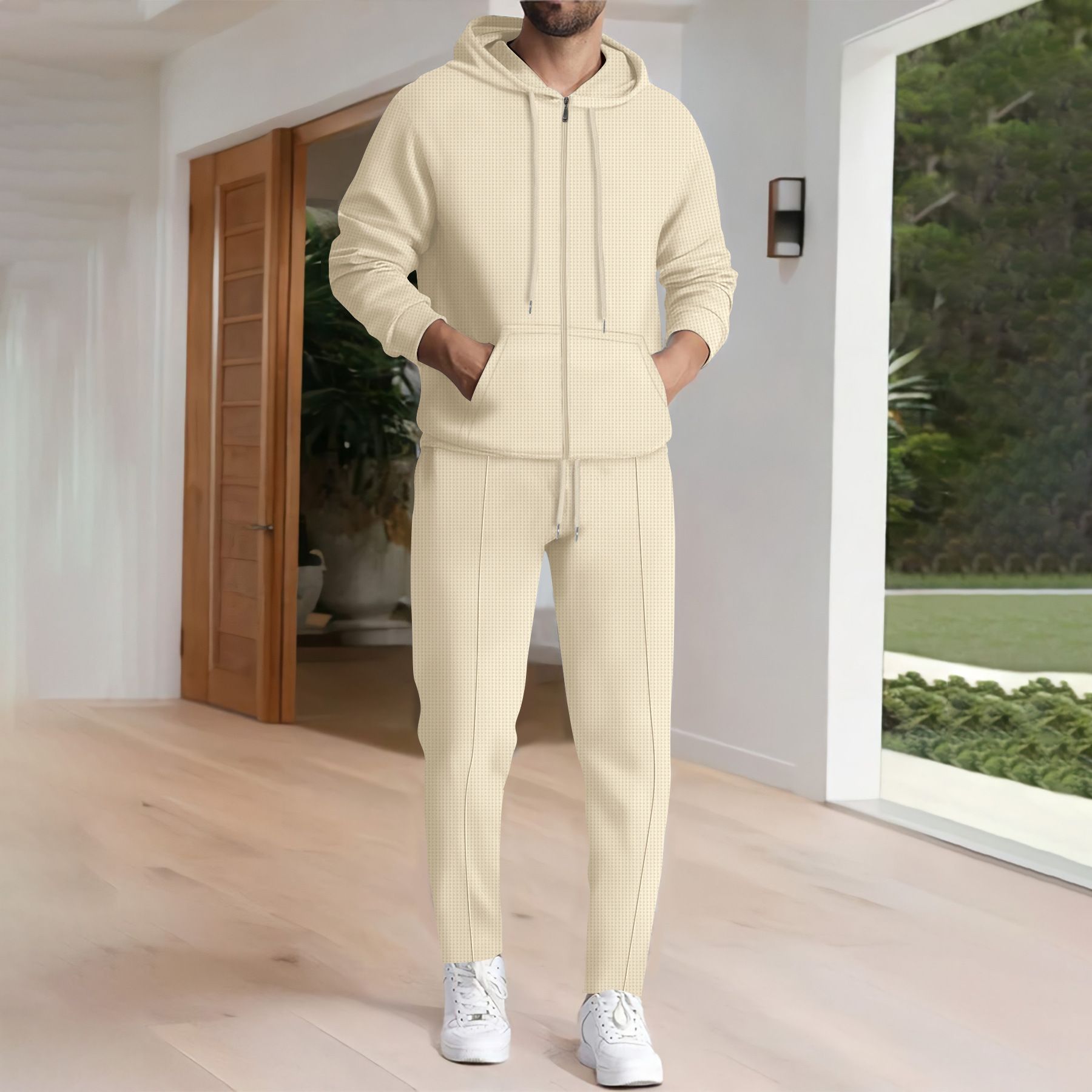 New men's two-piece solid color long sleeve zipper hooded pocket cardigan coat casual trousers sports suit is suitable for daily leisure commuting outdoor sports wear.