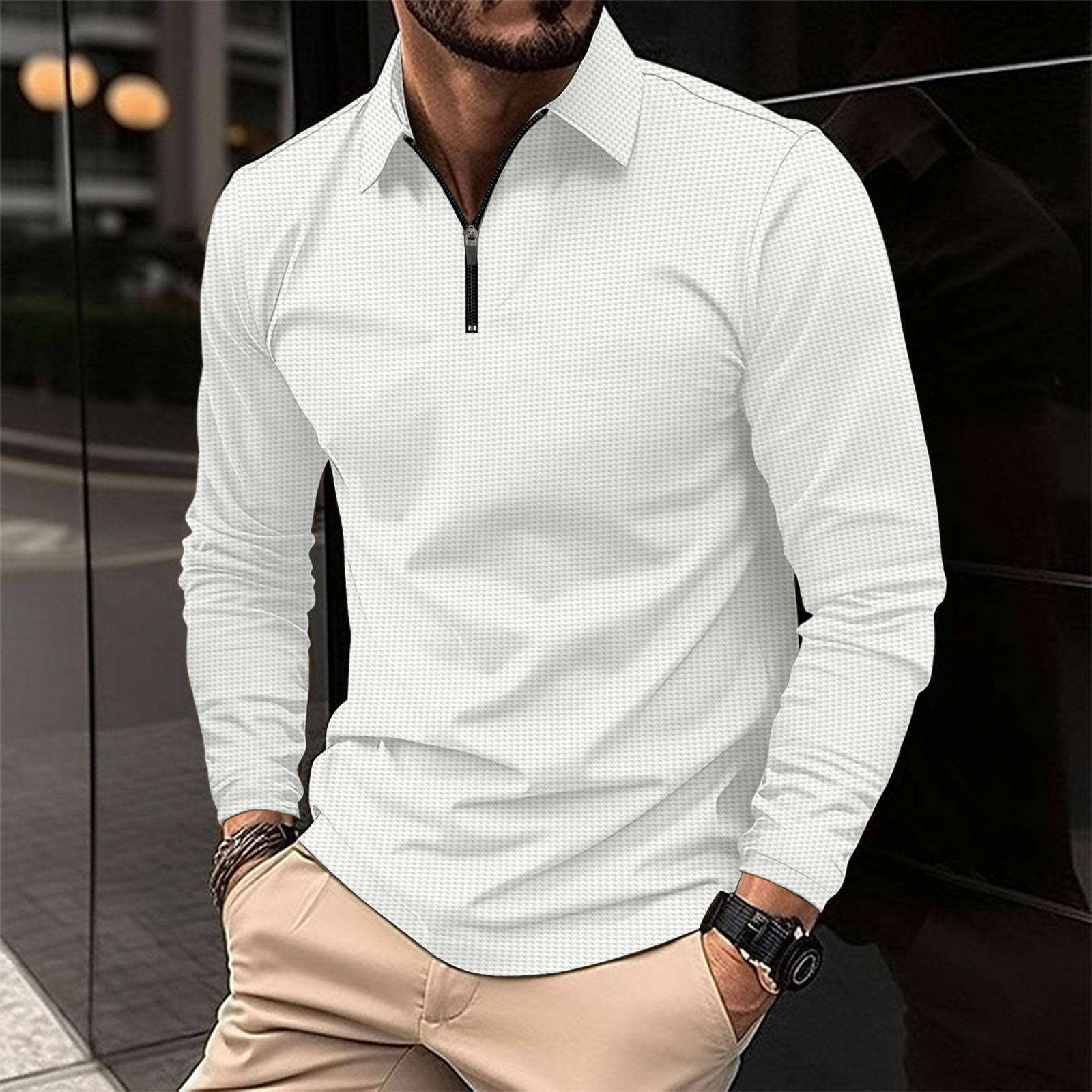 The new men's long-sleeved T-shirt is fashionable and solid color with lapel zipper. Waffle men's casual polo shirt is suitable for daily leisure and commuting outdoor sports.