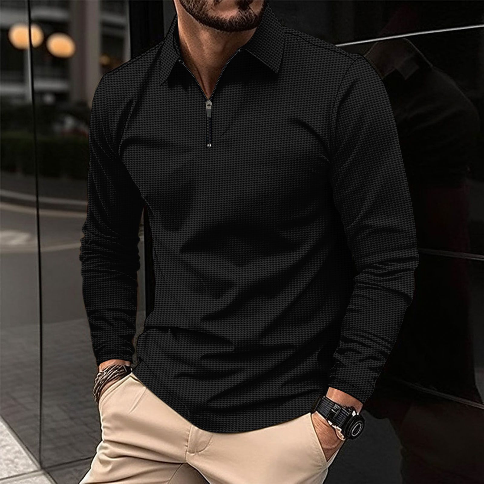 The new men's long-sleeved T-shirt is fashionable and solid color with lapel zipper. Waffle men's casual polo shirt is suitable for daily leisure and commuting outdoor sports.