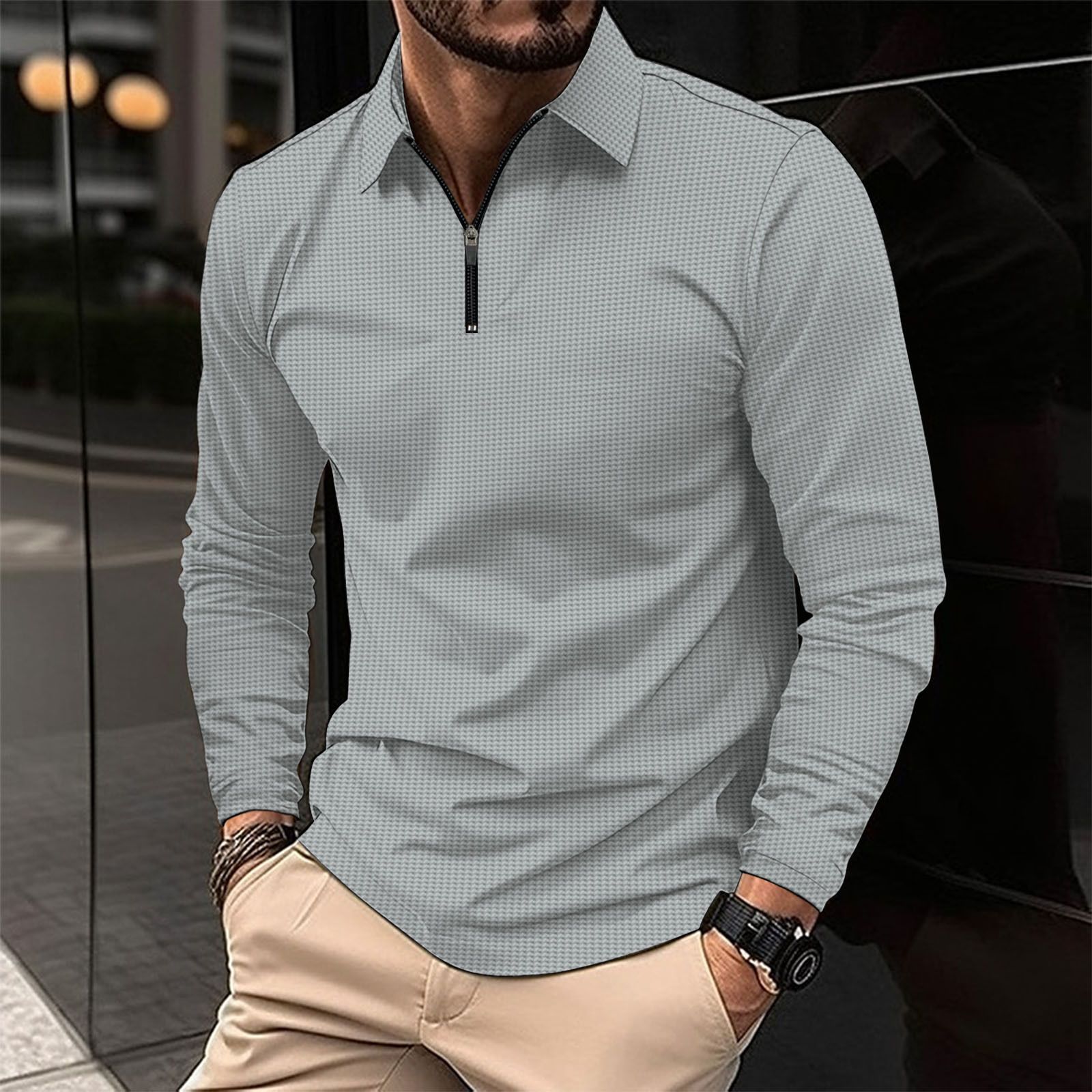 The new men's long-sleeved T-shirt is fashionable and solid color with lapel zipper. Waffle men's casual polo shirt is suitable for daily leisure and commuting outdoor sports.