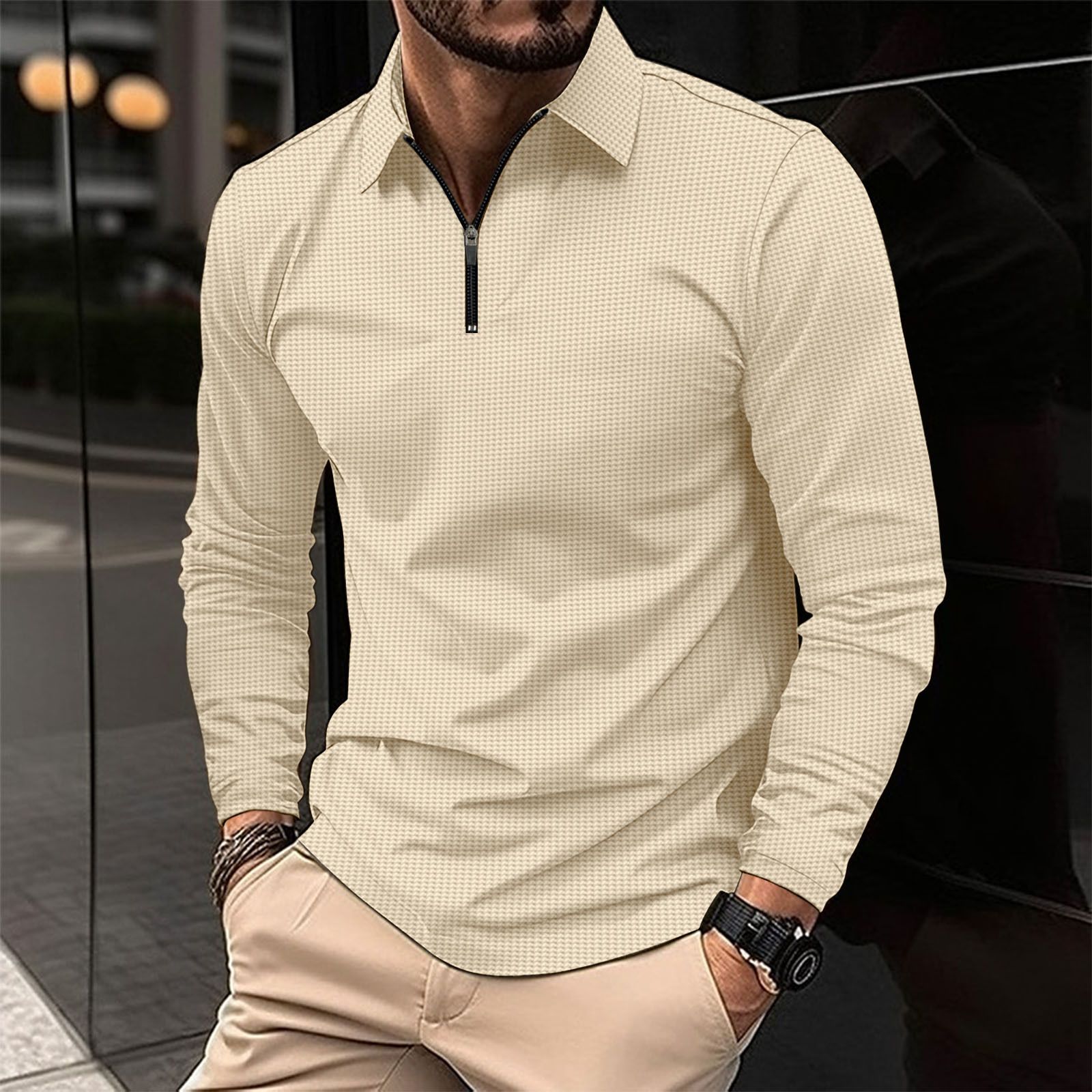 The new men's long-sleeved T-shirt is fashionable and solid color with lapel zipper. Waffle men's casual polo shirt is suitable for daily leisure and commuting outdoor sports.