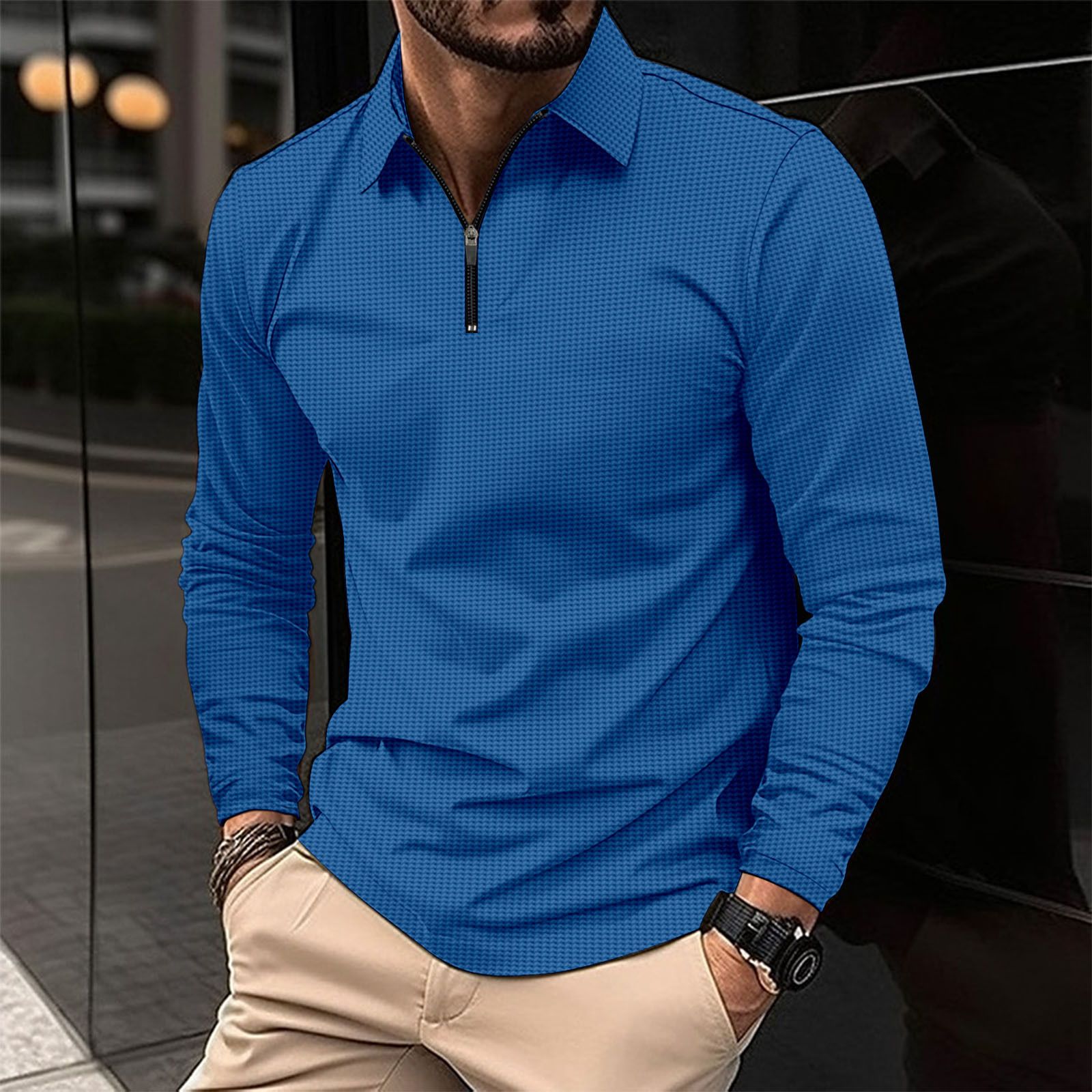 The new men's long-sleeved T-shirt is fashionable and solid color with lapel zipper. Waffle men's casual polo shirt is suitable for daily leisure and commuting outdoor sports.