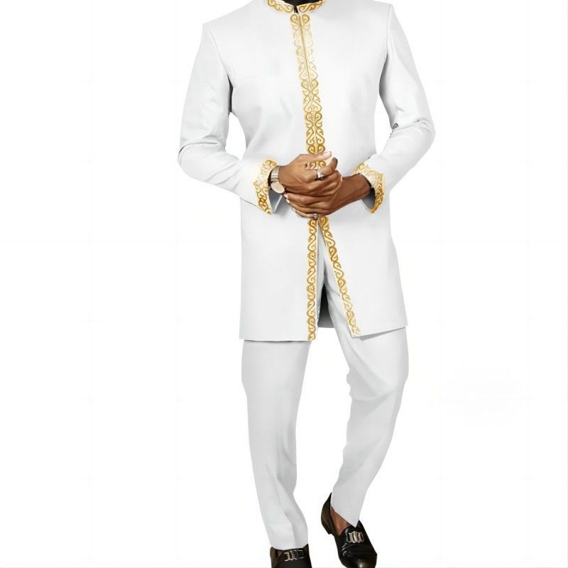New men's two-piece suit with long sleeves, embroidered collar and traditional African costumes is suitable for wedding banquets.