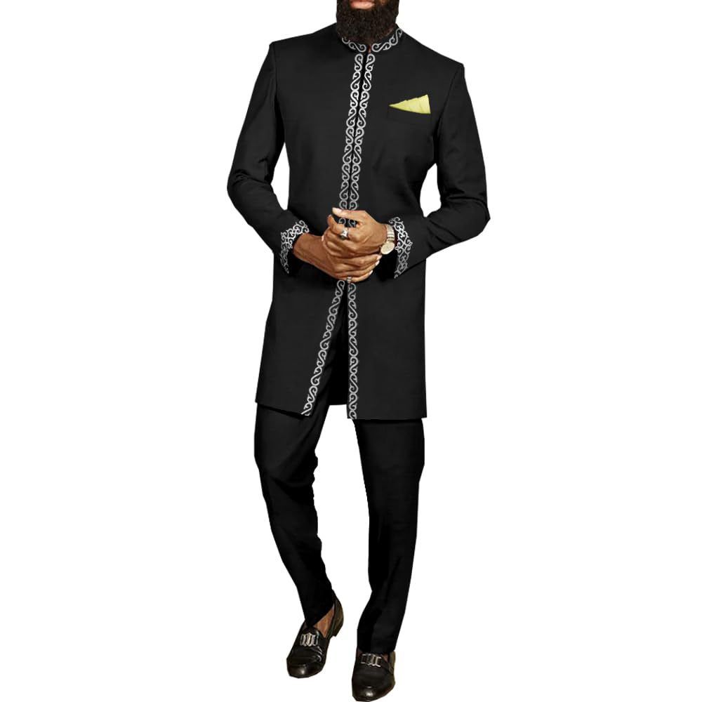 New men's two-piece suit with long sleeves, embroidered collar and traditional African costumes is suitable for wedding banquets.