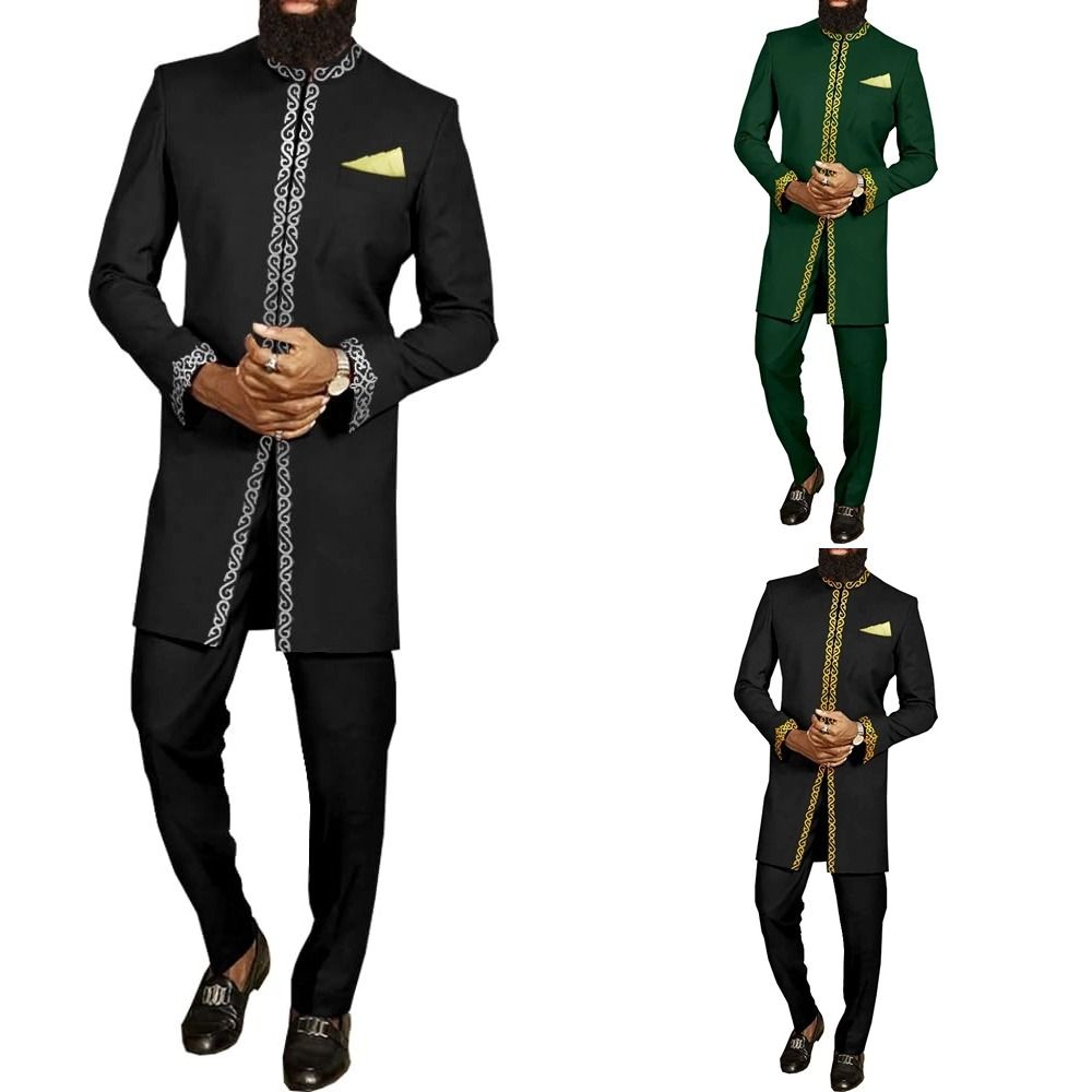 New men's two-piece suit with long sleeves, embroidered collar and traditional African costumes is suitable for wedding banquets.