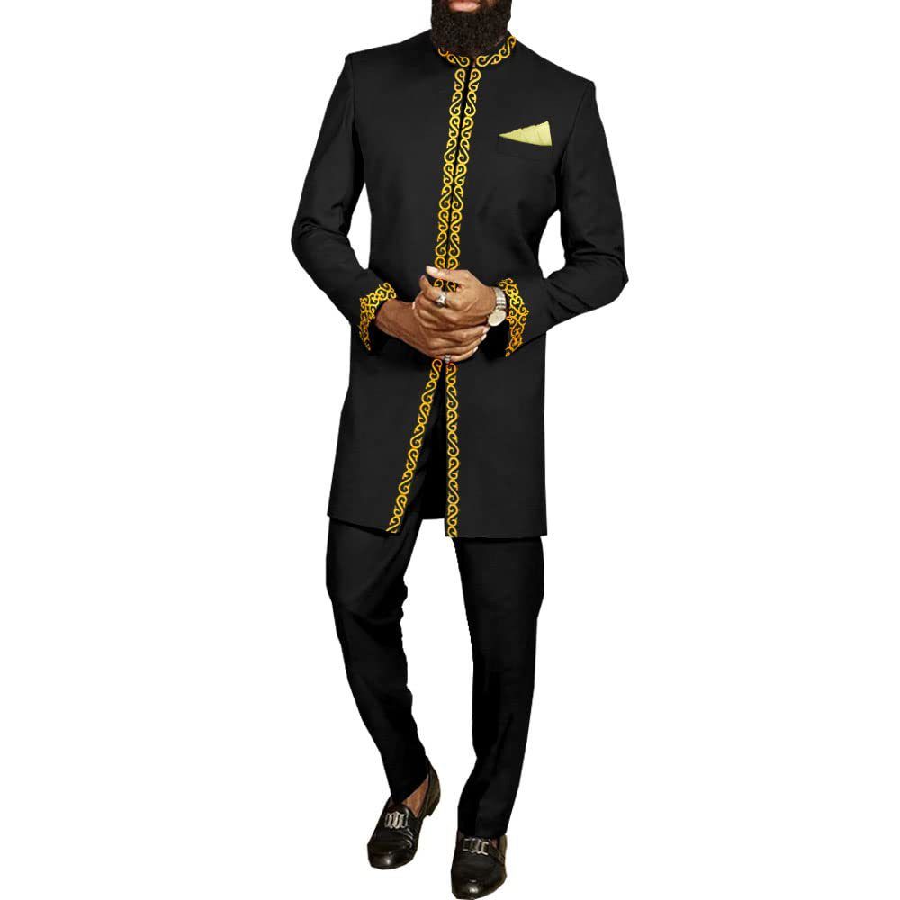 New men's two-piece suit with long sleeves, embroidered collar and traditional African costumes is suitable for wedding banquets.