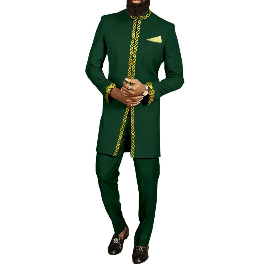 New men's two-piece suit with long sleeves, embroidered collar and traditional African costumes is suitable for wedding banquets.