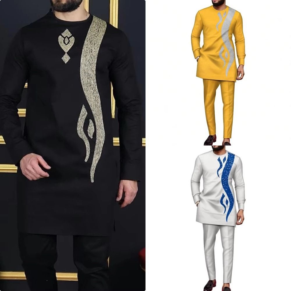 New men's two-piece long-sleeved embroidery simple African folk style men's casual suit 2 pieces cash suitable for wedding banquet activities to wear.