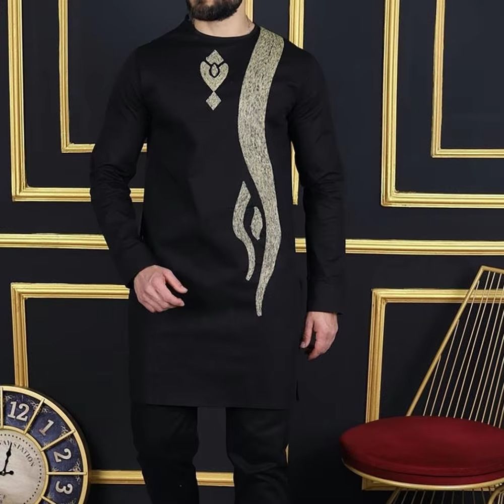 New men's two-piece long-sleeved embroidery simple African folk style men's casual suit 2 pieces cash suitable for wedding banquet activities to wear.
