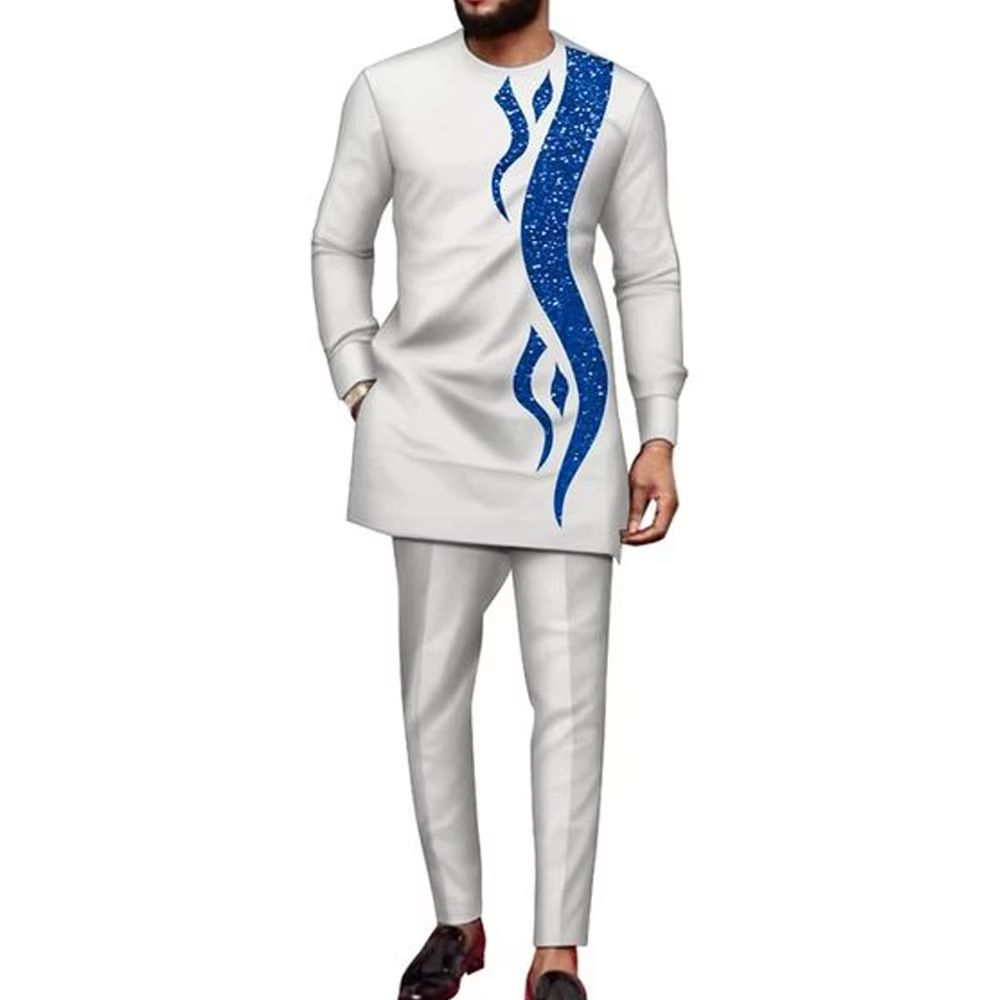 New men's two-piece long-sleeved embroidery simple African folk style men's casual suit 2 pieces cash suitable for wedding banquet activities to wear.
