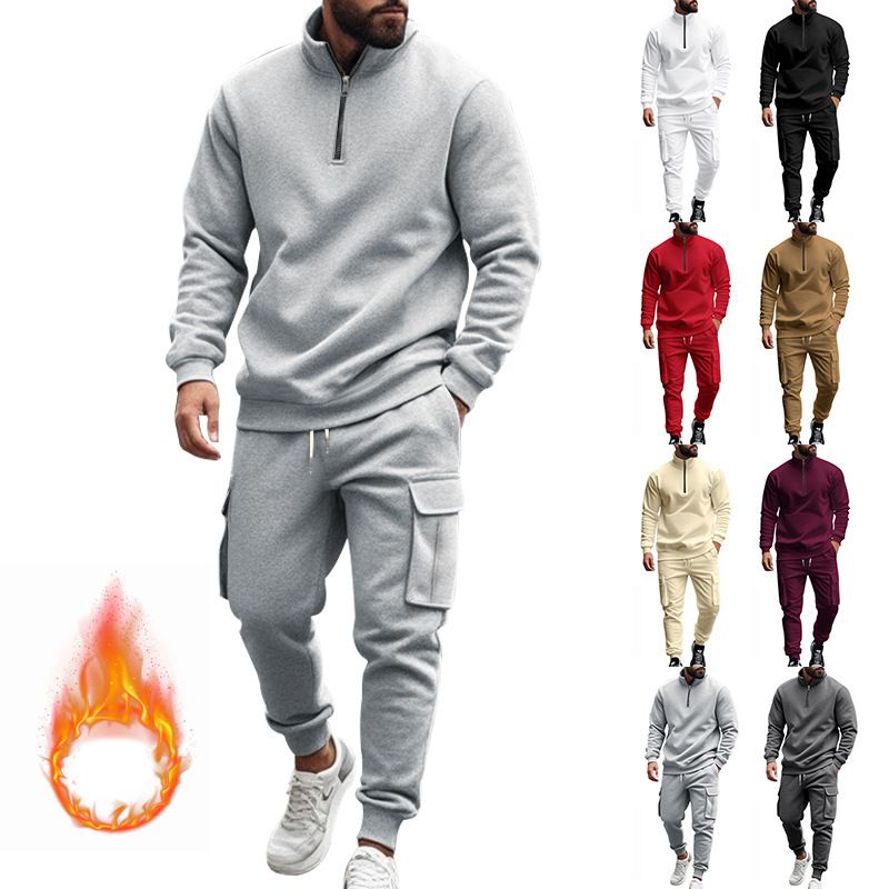 New men's two-piece leisure plus velvet warm long sleeve zipper collar shirt sports trousers suit is suitable for daily leisure commuting outdoor sports wear.