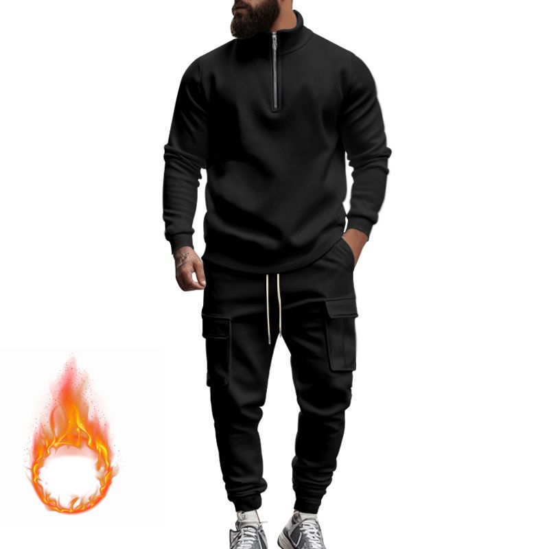 New men's two-piece leisure plus velvet warm long sleeve zipper collar shirt sports trousers suit is suitable for daily leisure commuting outdoor sports wear.