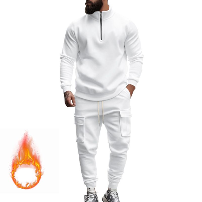 New men's two-piece leisure plus velvet warm long sleeve zipper collar shirt sports trousers suit is suitable for daily leisure commuting outdoor sports wear.