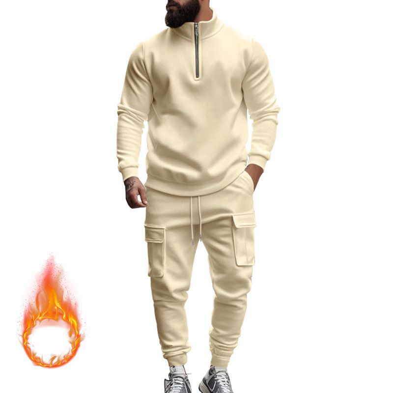 New men's two-piece leisure plus velvet warm long sleeve zipper collar shirt sports trousers suit is suitable for daily leisure commuting outdoor sports wear.