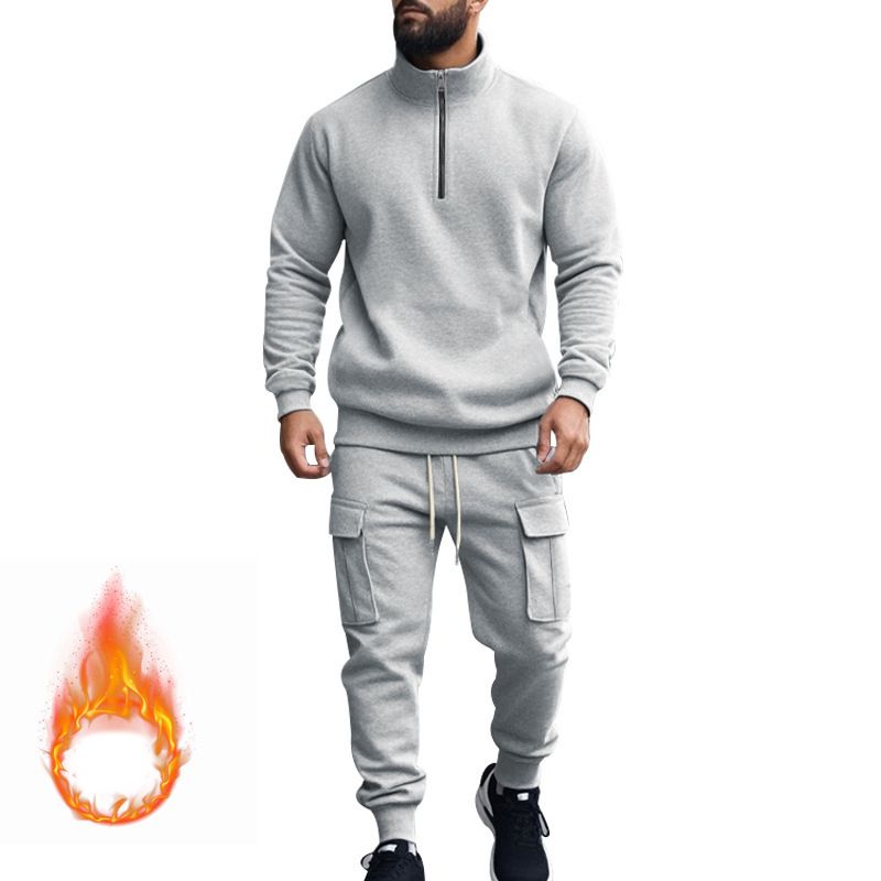 New men's two-piece leisure plus velvet warm long sleeve zipper collar shirt sports trousers suit is suitable for daily leisure commuting outdoor sports wear.