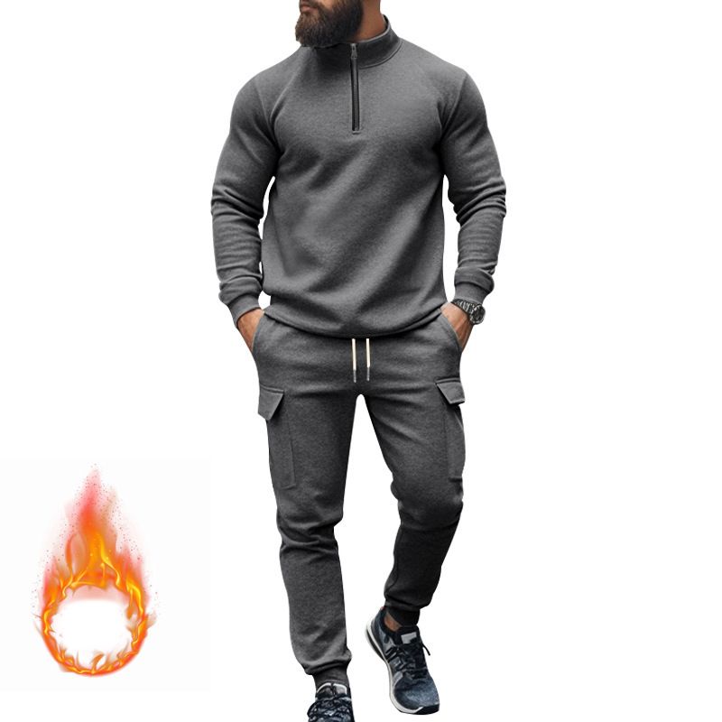 New men's two-piece leisure plus velvet warm long sleeve zipper collar shirt sports trousers suit is suitable for daily leisure commuting outdoor sports wear.