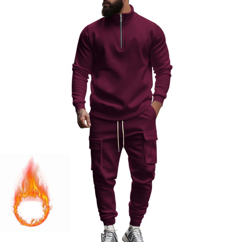 New men's two-piece leisure plus velvet warm long sleeve zipper collar shirt sports trousers suit is suitable for daily leisure commuting outdoor sports wear.