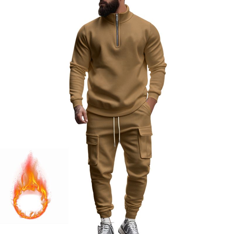 New men's two-piece leisure plus velvet warm long sleeve zipper collar shirt sports trousers suit is suitable for daily leisure commuting outdoor sports wear.
