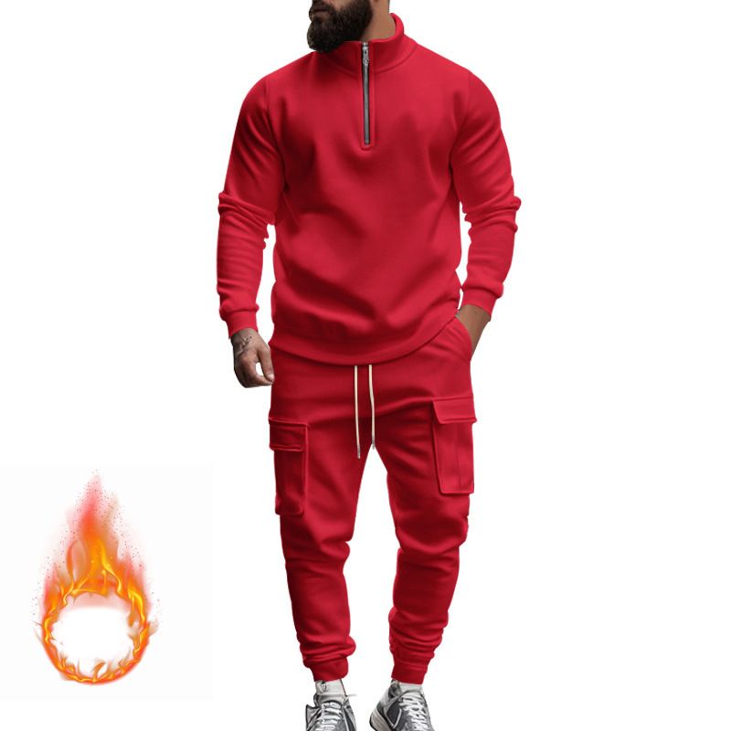 New men's two-piece leisure plus velvet warm long sleeve zipper collar shirt sports trousers suit is suitable for daily leisure commuting outdoor sports wear.