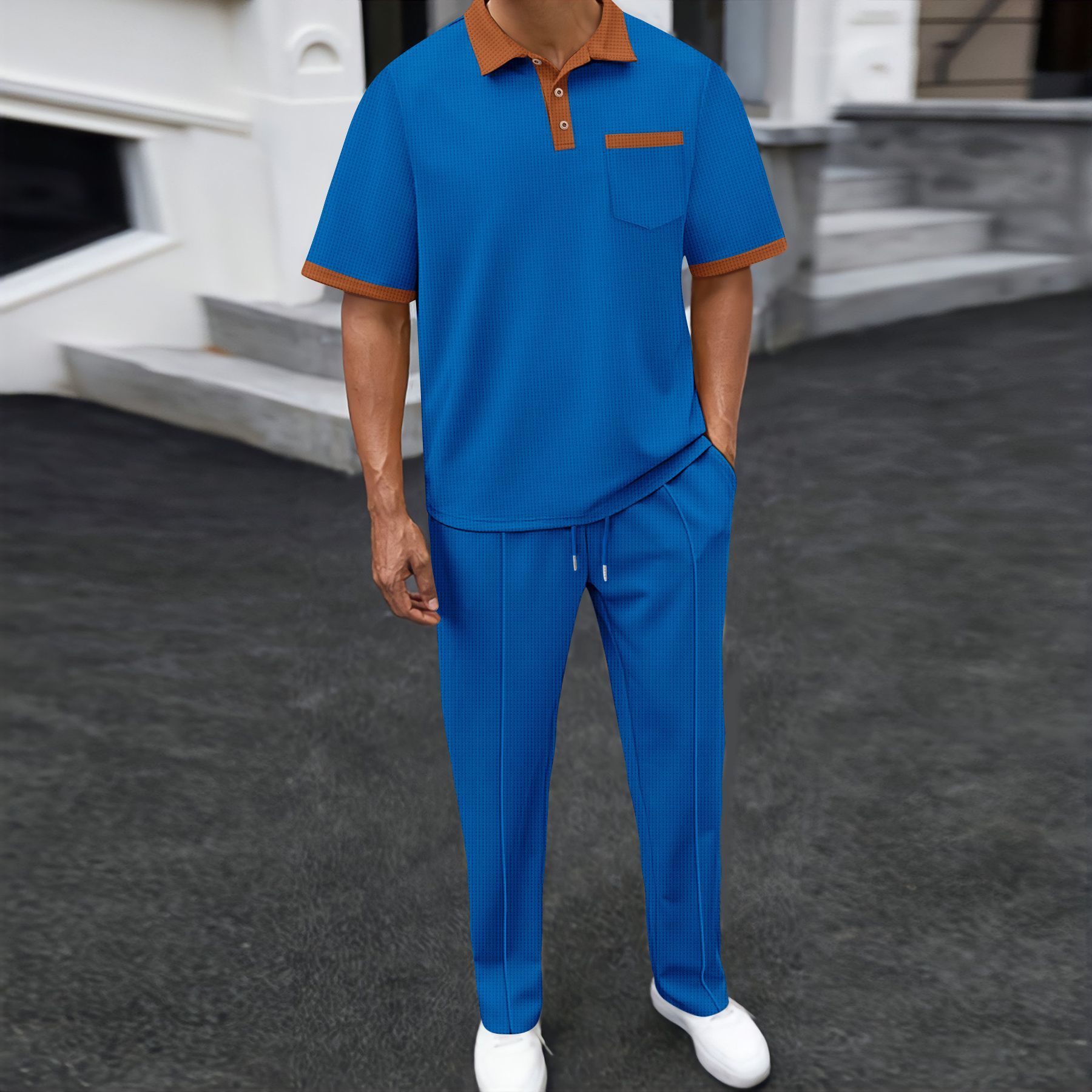 New men's two-piece color matching Waffle short-sleeved lapel top loose casual trousers suit is suitable for daily leisure commuting outdoor sports wear.