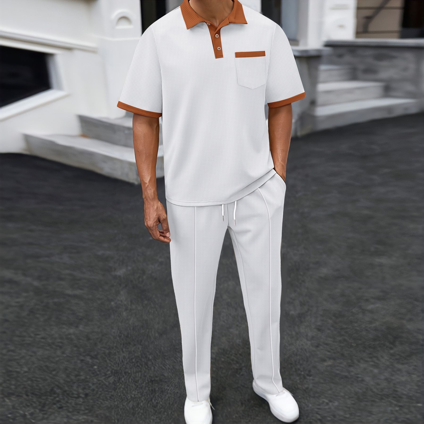 New men's two-piece color matching Waffle short-sleeved lapel top loose casual trousers suit is suitable for daily leisure commuting outdoor sports wear.