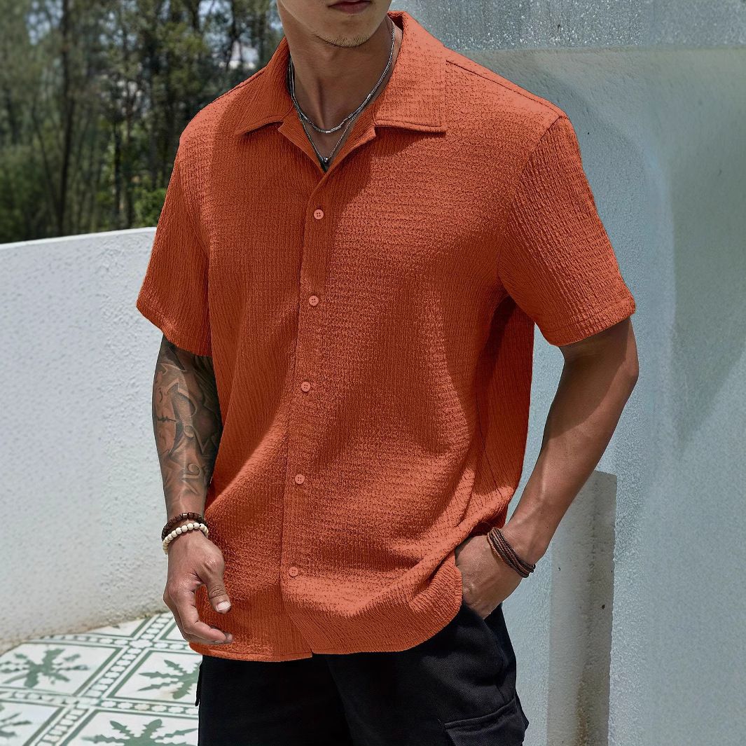 New men's short-sleeved shirts in summer are solid color breathable lapel button tops suitable for daily leisure and commuting outdoor sports.