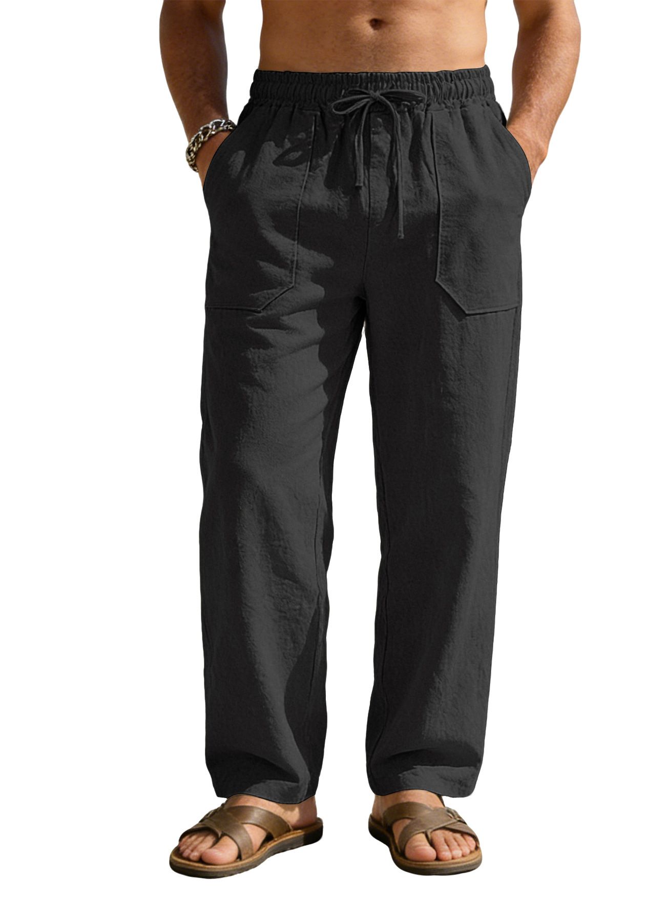 New men's trousers solid color cotton and linen loose breathable wide-leg leisure sports trousers are suitable for daily leisure commuting outdoor sports wear.
