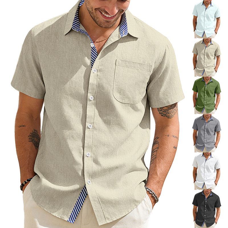Summer new men's shirt cotton and linen lapel button pocket short sleeve shirt casual T-shirt suitable for daily leisure commuting business wear.