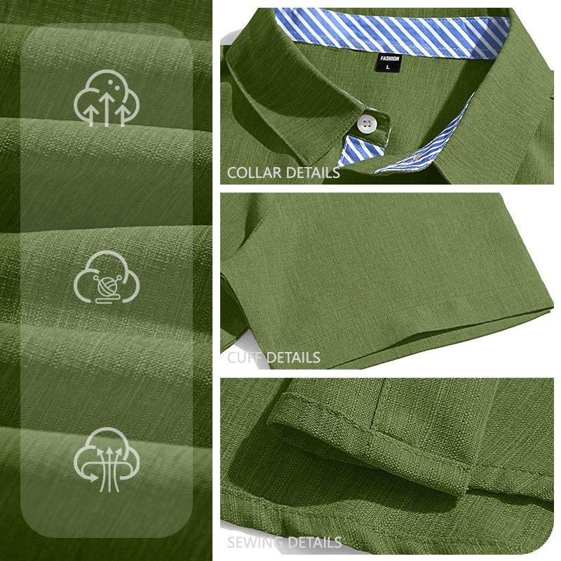 Summer new men's shirt cotton and linen lapel button pocket short sleeve shirt casual T-shirt suitable for daily leisure commuting business wear.