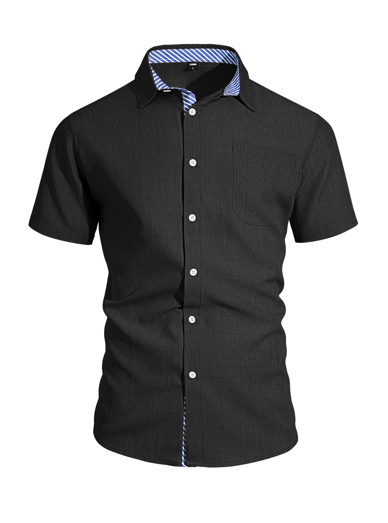 Summer new men's shirt cotton and linen lapel button pocket short sleeve shirt casual T-shirt suitable for daily leisure commuting business wear.