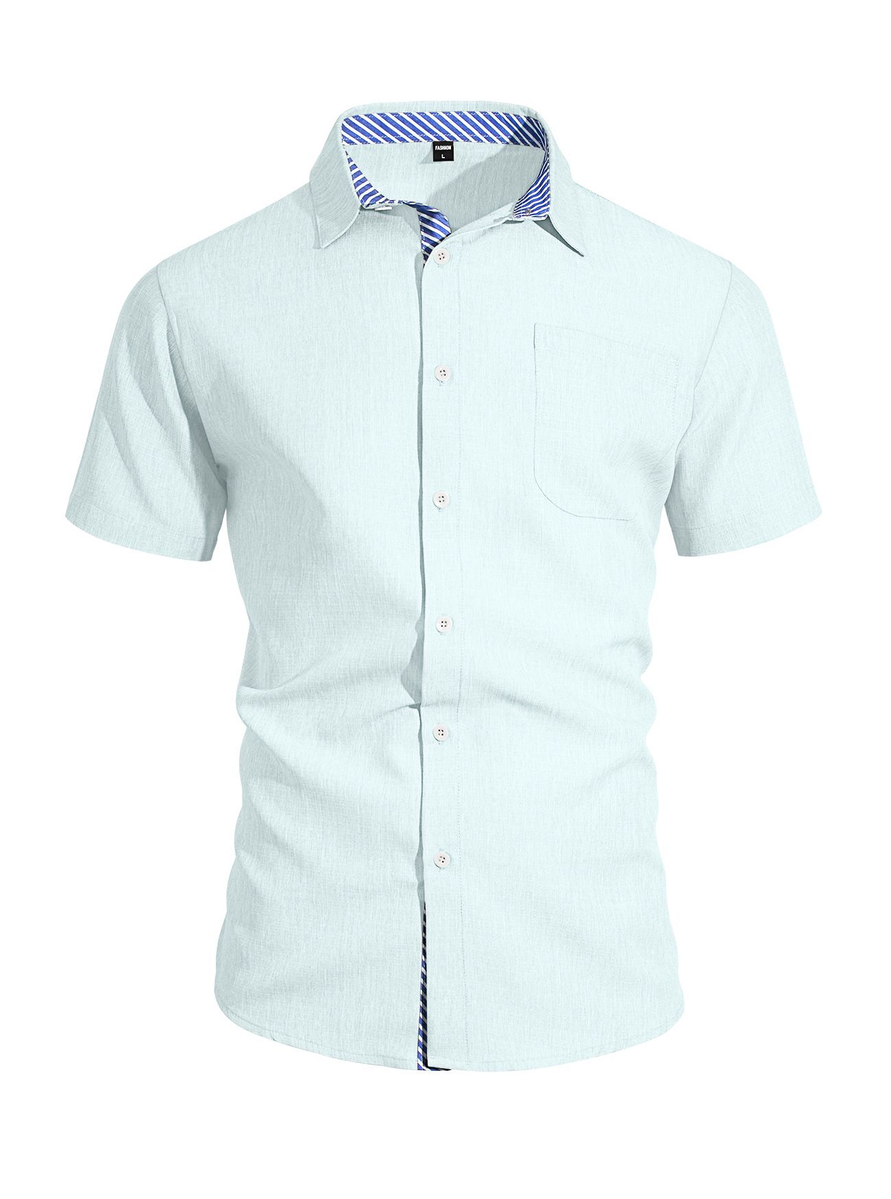 Summer new men's shirt cotton and linen lapel button pocket short sleeve shirt casual T-shirt suitable for daily leisure commuting business wear.