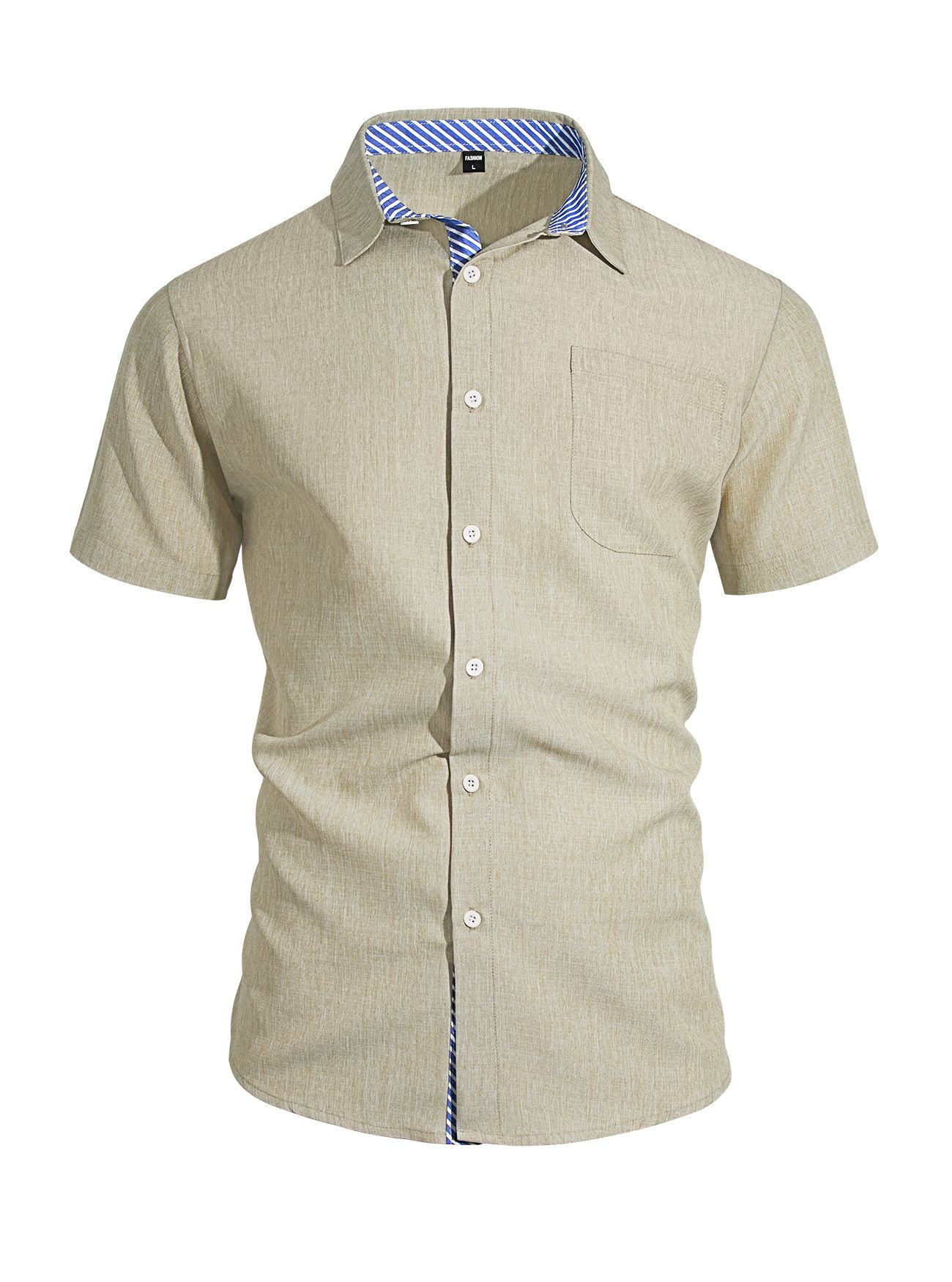 Summer new men's shirt cotton and linen lapel button pocket short sleeve shirt casual T-shirt suitable for daily leisure commuting business wear.