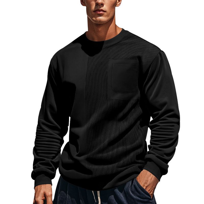 Spring and summer new men's long sleeve T-shirt solid color stitching round neck leisure sweater suitable for daily leisure commuting business wear.