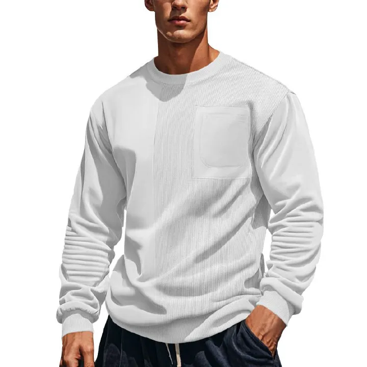 Spring and summer new men's long sleeve T-shirt solid color stitching round neck leisure sweater suitable for daily leisure commuting business wear.
