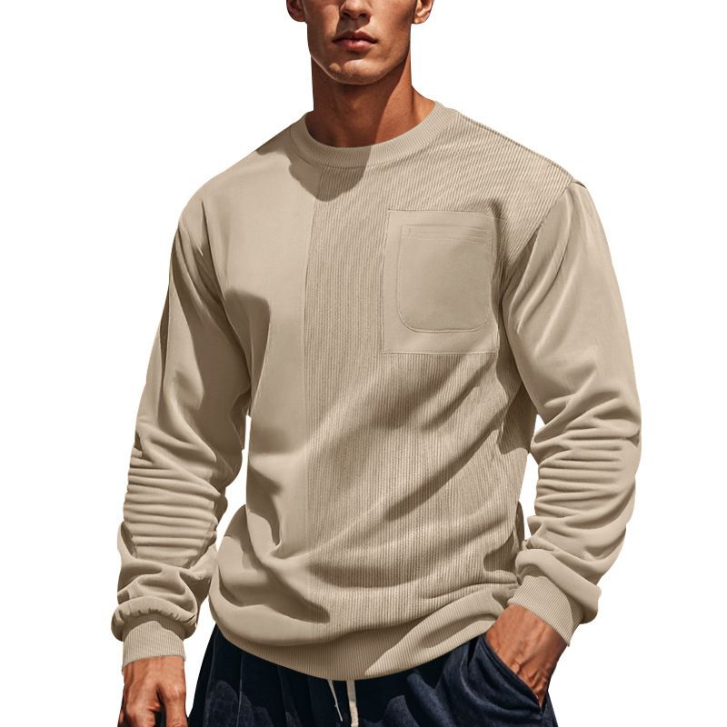 Spring and summer new men's long sleeve T-shirt solid color stitching round neck leisure sweater suitable for daily leisure commuting business wear.