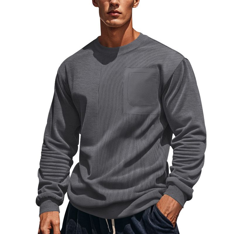 Spring and summer new men's long sleeve T-shirt solid color stitching round neck leisure sweater suitable for daily leisure commuting business wear.