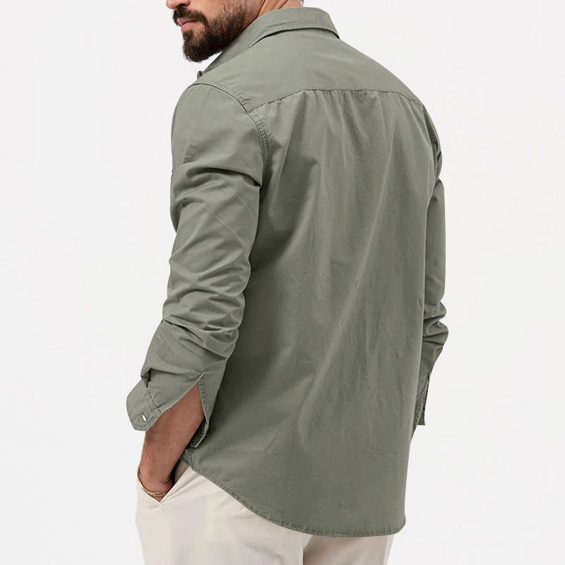 Spring and summer new men's long-sleeved shirt solid color lapel button pocket casual men's shirt is suitable for daily leisure commuting business wear.
