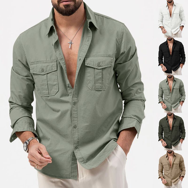Spring and summer new men's long-sleeved shirt solid color lapel button pocket casual men's shirt is suitable for daily leisure commuting business wear.