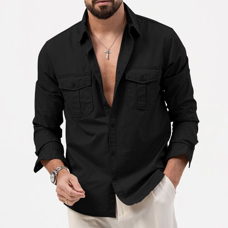 Spring and summer new men's long-sleeved shirt solid color lapel button pocket casual men's shirt is suitable for daily leisure commuting business wear.