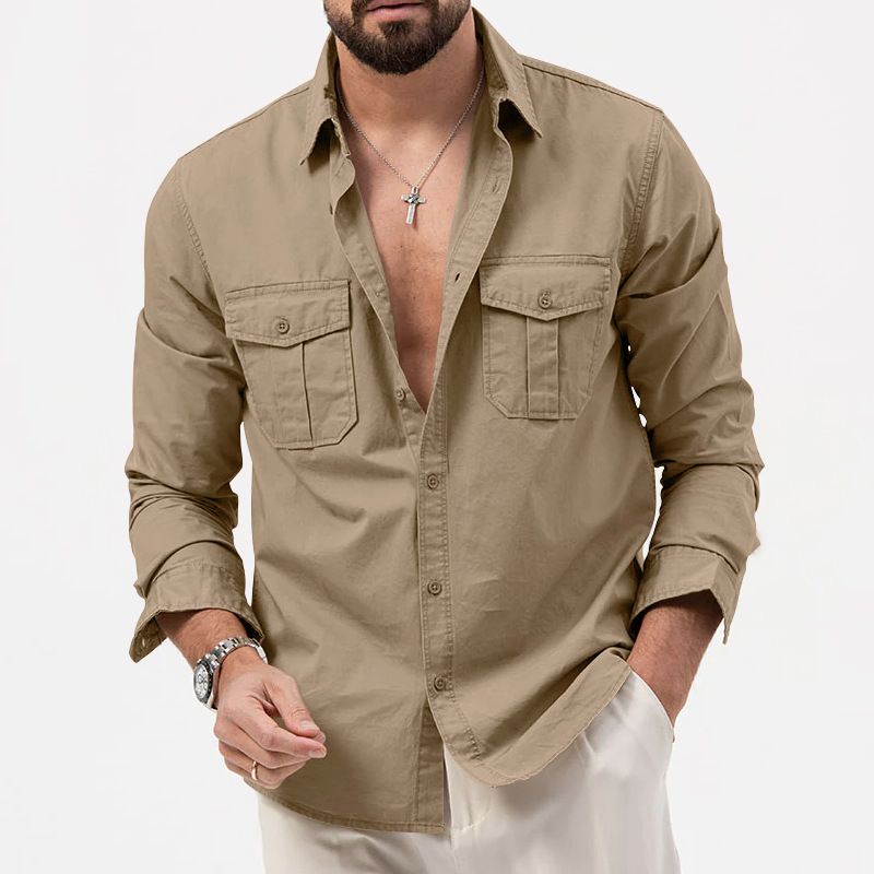 Spring and summer new men's long-sleeved shirt solid color lapel button pocket casual men's shirt is suitable for daily leisure commuting business wear.