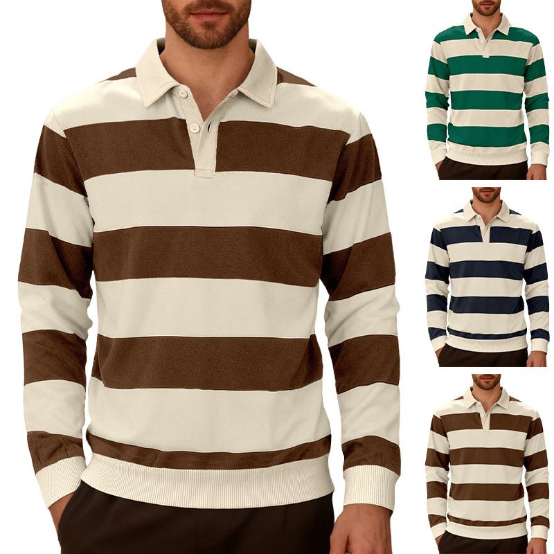 Autumn new men's T-shirt long-sleeved sports trend business knitwear striped collision color buckle long-sleeved POLO shirt suitable for daily leisure commuting sports wear.