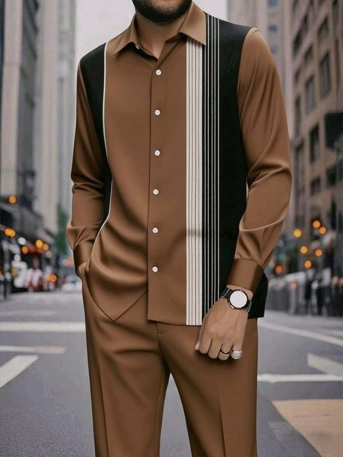 Spring and summer new men's two-piece fashion print striped lapel casual shirt jacket pants suit is suitable for daily leisure commuting business wear.