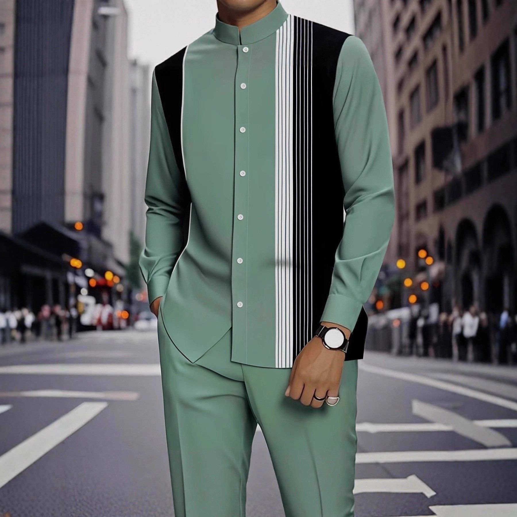 Spring and summer new men's two-piece fashion print striped lapel casual shirt jacket pants suit is suitable for daily leisure commuting business wear.