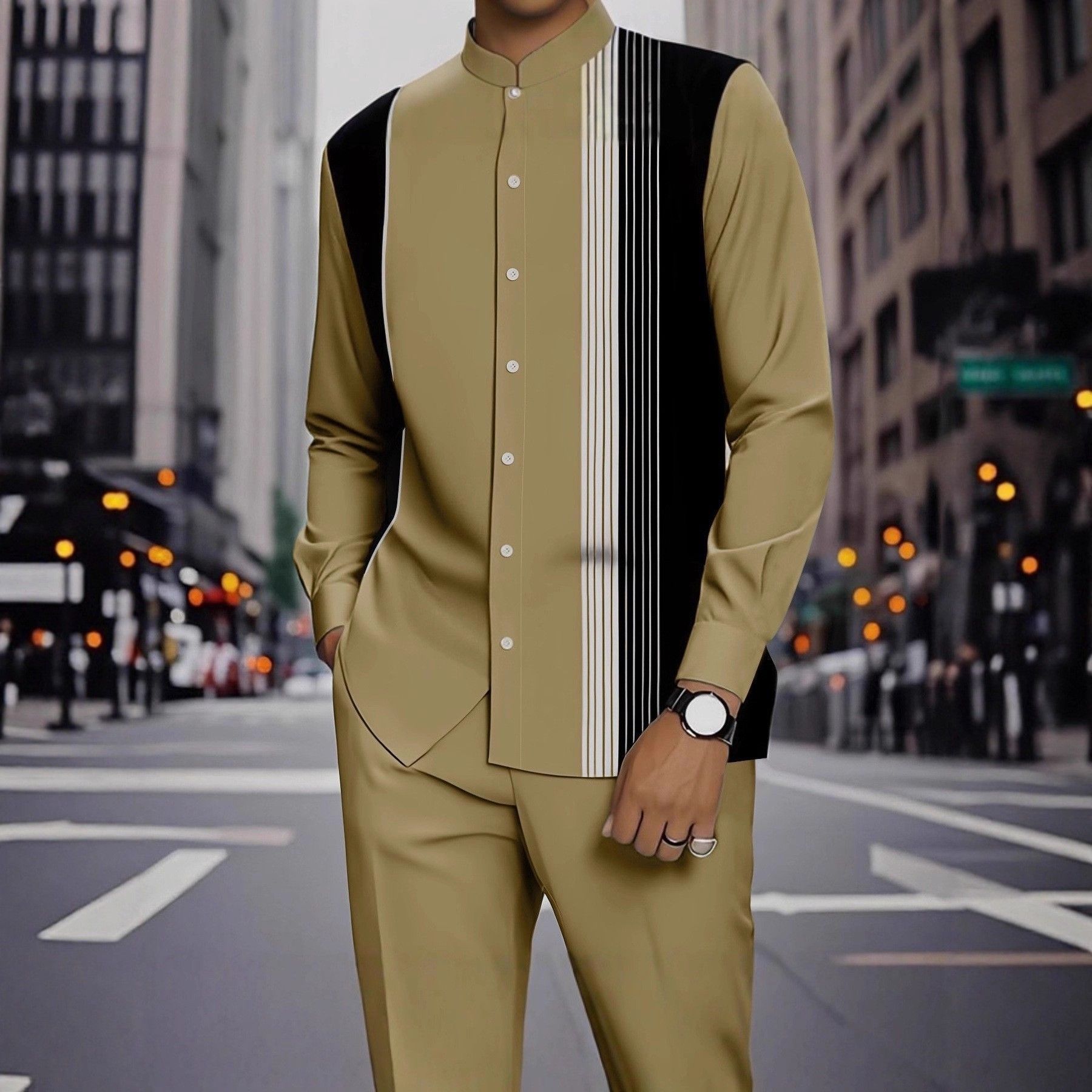 Spring and summer new men's two-piece fashion print striped lapel casual shirt jacket pants suit is suitable for daily leisure commuting business wear.