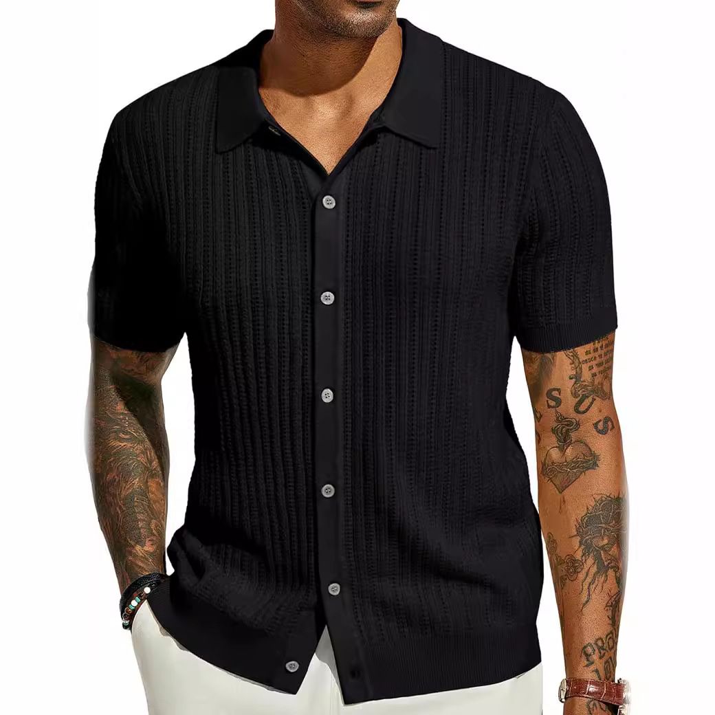 Summer new men's short-sleeved shirt solid color cool knitted men's hollow breathable men's top is suitable for daily leisure commuting.