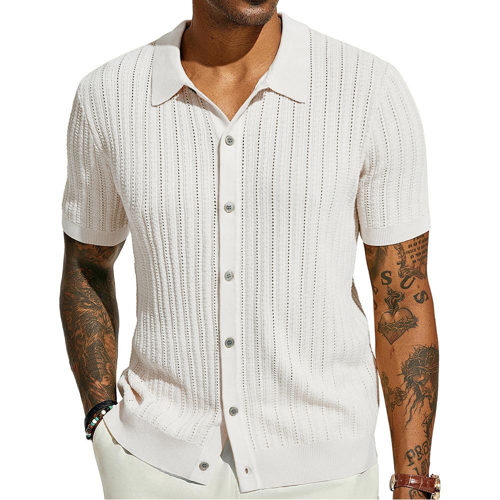 Summer new men's short-sleeved shirt solid color cool knitted men's hollow breathable men's top is suitable for daily leisure commuting.
