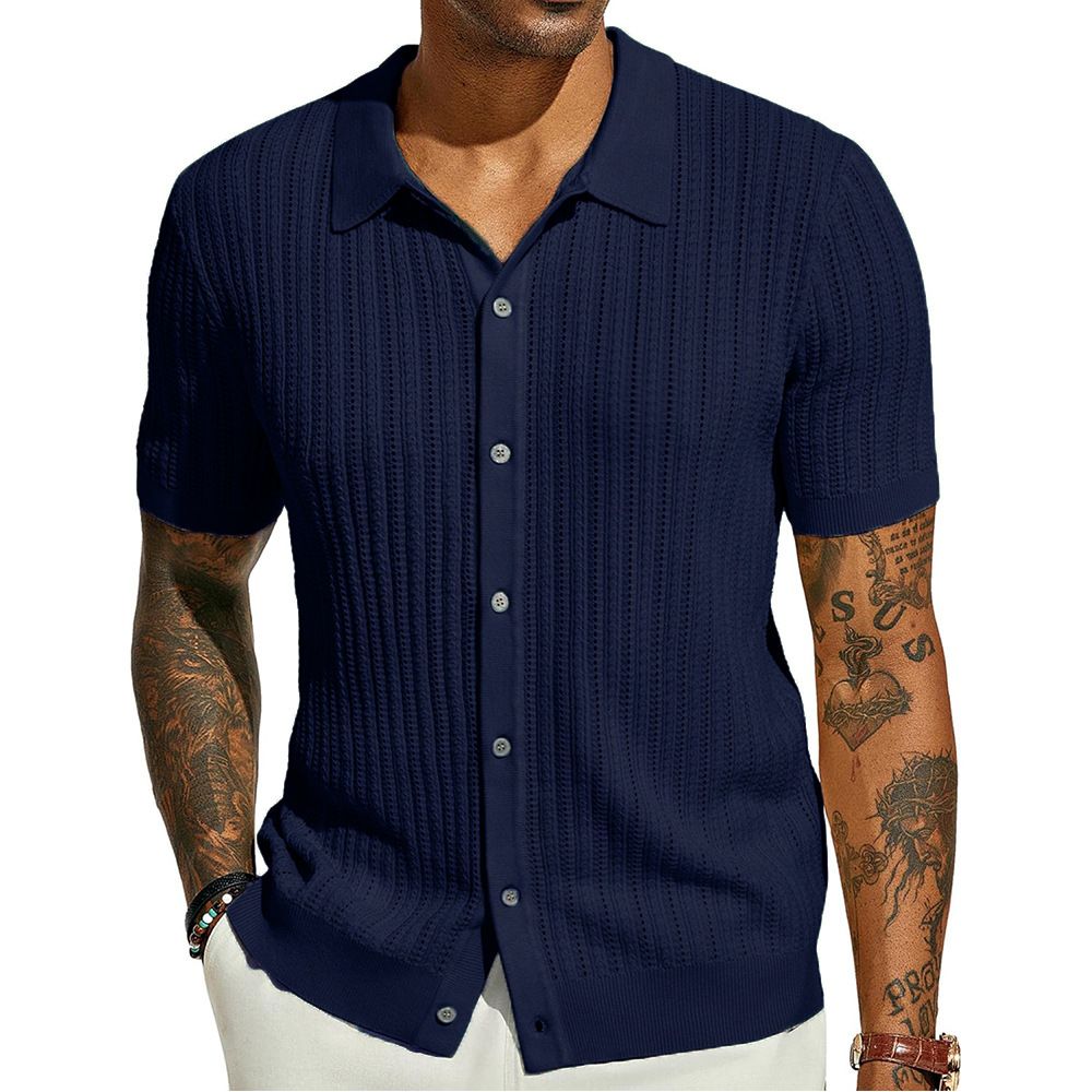 Summer new men's short-sleeved shirt solid color cool knitted men's hollow breathable men's top is suitable for daily leisure commuting.
