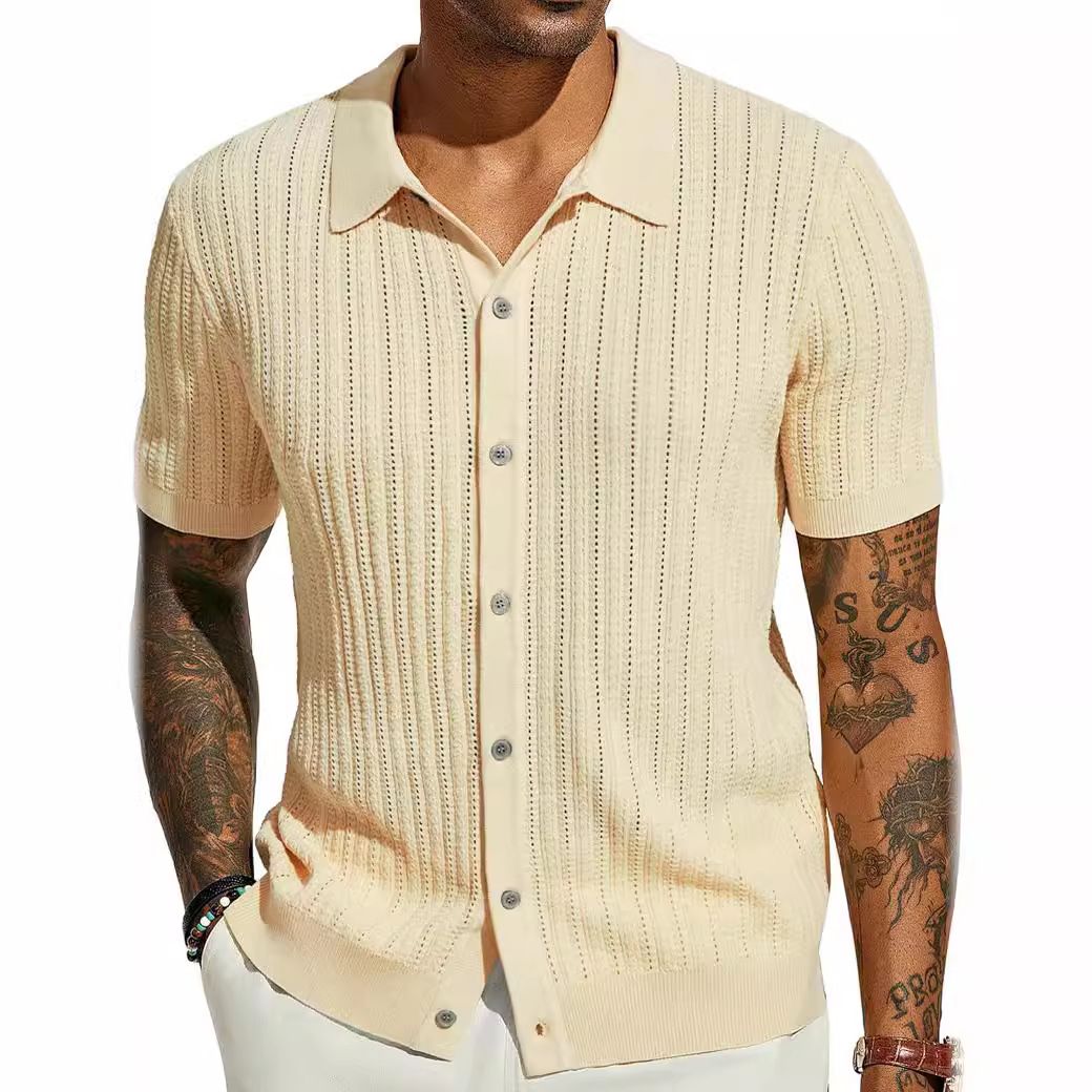 Summer new men's short-sleeved shirt solid color cool knitted men's hollow breathable men's top is suitable for daily leisure commuting.
