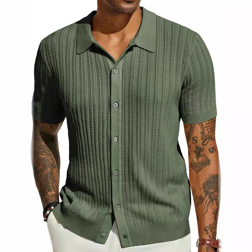 Summer new men's short-sleeved shirt solid color cool knitted men's hollow breathable men's top is suitable for daily leisure commuting.